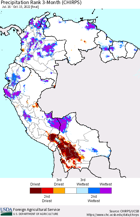 Northern South America Precipitation Rank since 1981, 3-Month (CHIRPS) Thematic Map For 7/16/2022 - 10/15/2022