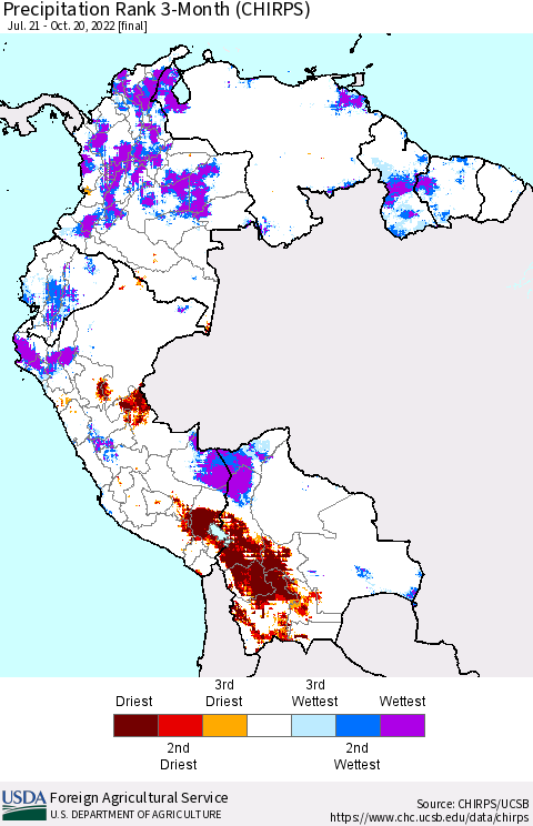 Northern South America Precipitation Rank since 1981, 3-Month (CHIRPS) Thematic Map For 7/21/2022 - 10/20/2022