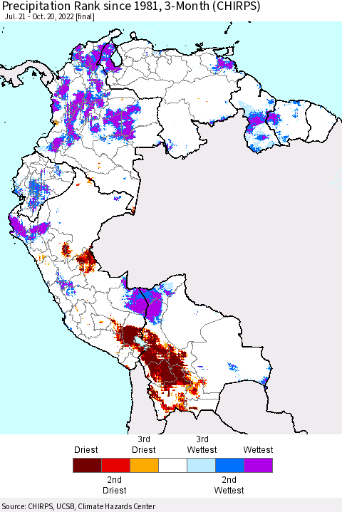 Northern South America Precipitation Rank since 1981, 3-Month (CHIRPS) Thematic Map For 7/21/2022 - 10/20/2022