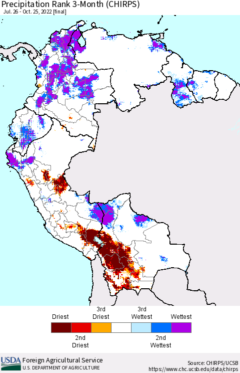 Northern South America Precipitation Rank since 1981, 3-Month (CHIRPS) Thematic Map For 7/26/2022 - 10/25/2022