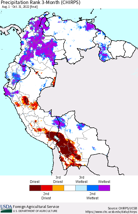 Northern South America Precipitation Rank since 1981, 3-Month (CHIRPS) Thematic Map For 8/1/2022 - 10/31/2022