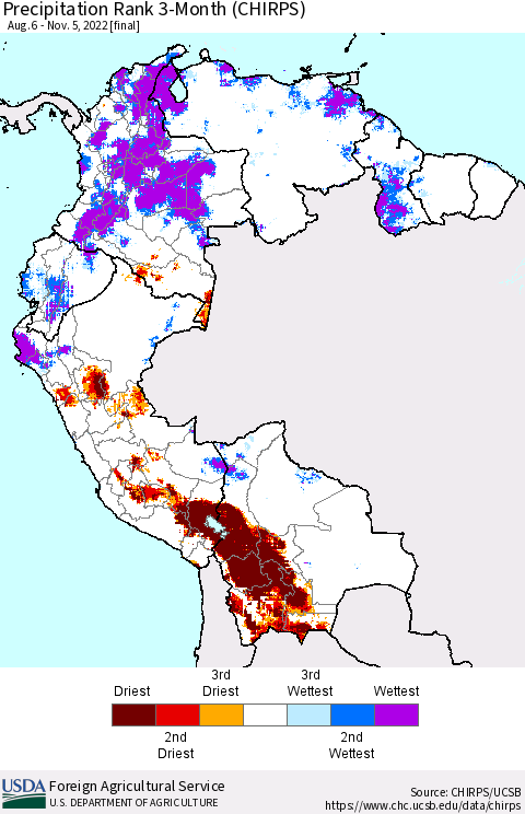 Northern South America Precipitation Rank since 1981, 3-Month (CHIRPS) Thematic Map For 8/6/2022 - 11/5/2022