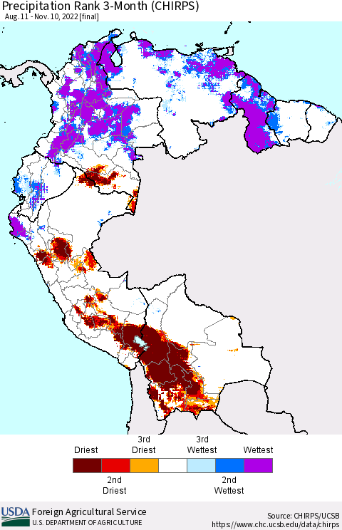 Northern South America Precipitation Rank since 1981, 3-Month (CHIRPS) Thematic Map For 8/11/2022 - 11/10/2022