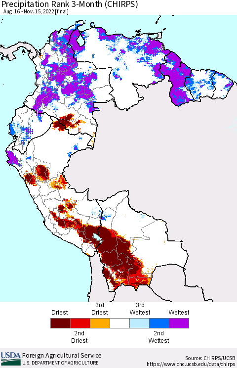Northern South America Precipitation Rank since 1981, 3-Month (CHIRPS) Thematic Map For 8/16/2022 - 11/15/2022