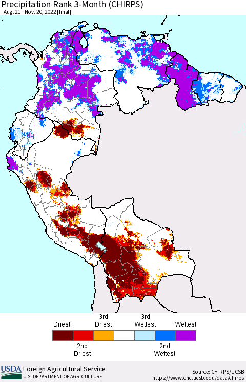 Northern South America Precipitation Rank since 1981, 3-Month (CHIRPS) Thematic Map For 8/21/2022 - 11/20/2022