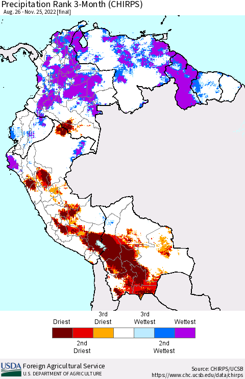 Northern South America Precipitation Rank since 1981, 3-Month (CHIRPS) Thematic Map For 8/26/2022 - 11/25/2022