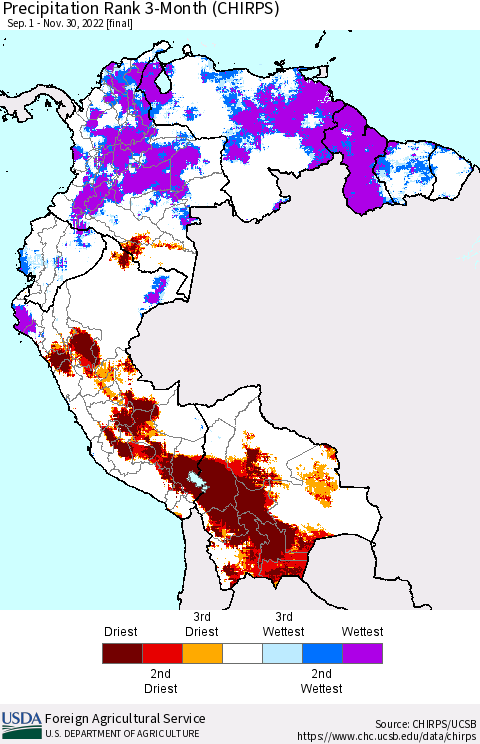 Northern South America Precipitation Rank since 1981, 3-Month (CHIRPS) Thematic Map For 9/1/2022 - 11/30/2022