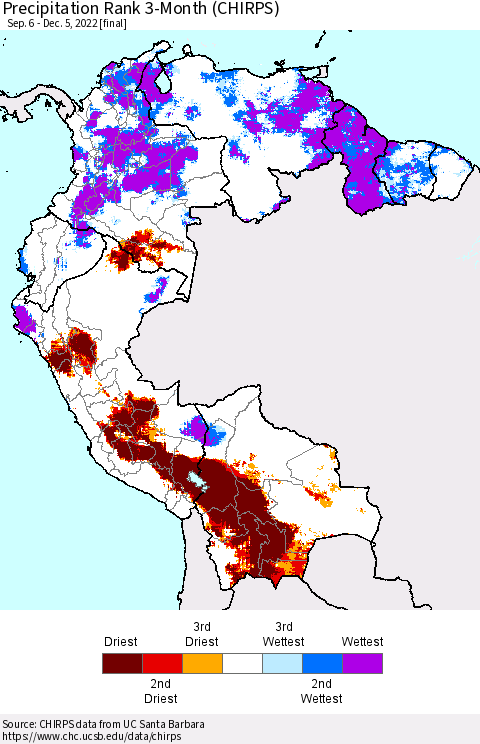 Northern South America Precipitation Rank since 1981, 3-Month (CHIRPS) Thematic Map For 9/6/2022 - 12/5/2022
