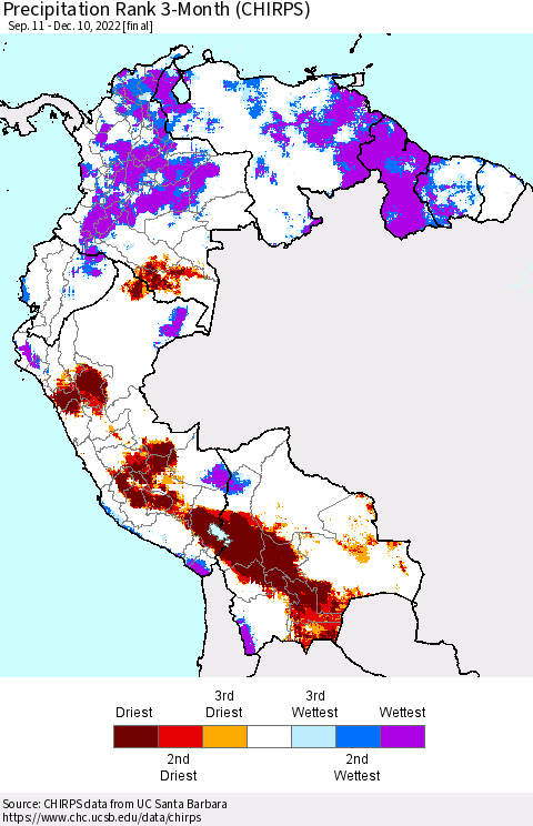 Northern South America Precipitation Rank since 1981, 3-Month (CHIRPS) Thematic Map For 9/11/2022 - 12/10/2022