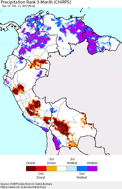 Northern South America Precipitation Rank since 1981, 3-Month (CHIRPS) Thematic Map For 9/16/2022 - 12/15/2022