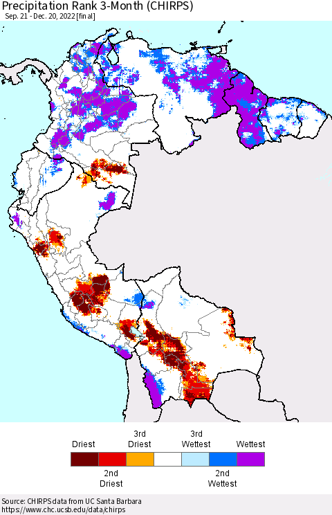 Northern South America Precipitation Rank since 1981, 3-Month (CHIRPS) Thematic Map For 9/21/2022 - 12/20/2022