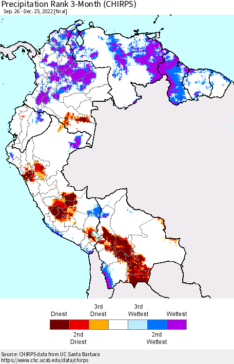 Northern South America Precipitation Rank since 1981, 3-Month (CHIRPS) Thematic Map For 9/26/2022 - 12/25/2022