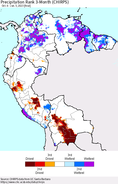 Northern South America Precipitation Rank since 1981, 3-Month (CHIRPS) Thematic Map For 10/6/2022 - 1/5/2023