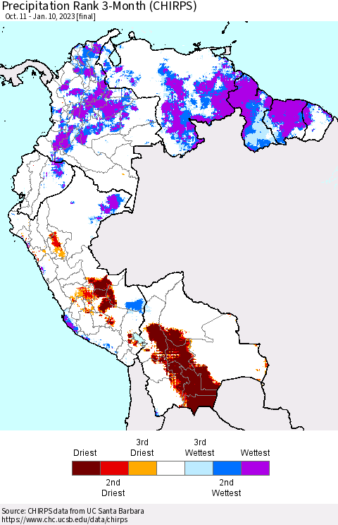 Northern South America Precipitation Rank since 1981, 3-Month (CHIRPS) Thematic Map For 10/11/2022 - 1/10/2023