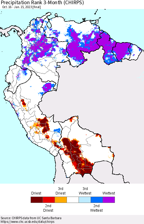 Northern South America Precipitation Rank since 1981, 3-Month (CHIRPS) Thematic Map For 10/16/2022 - 1/15/2023