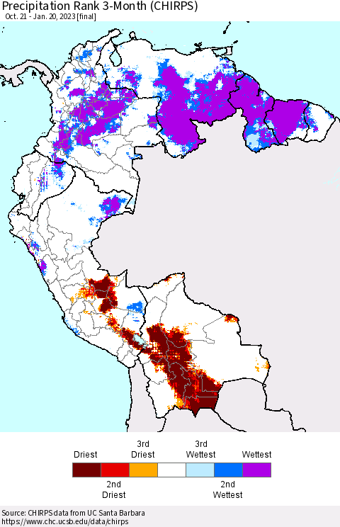 Northern South America Precipitation Rank since 1981, 3-Month (CHIRPS) Thematic Map For 10/21/2022 - 1/20/2023