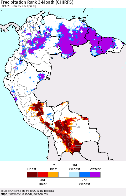 Northern South America Precipitation Rank since 1981, 3-Month (CHIRPS) Thematic Map For 10/26/2022 - 1/25/2023