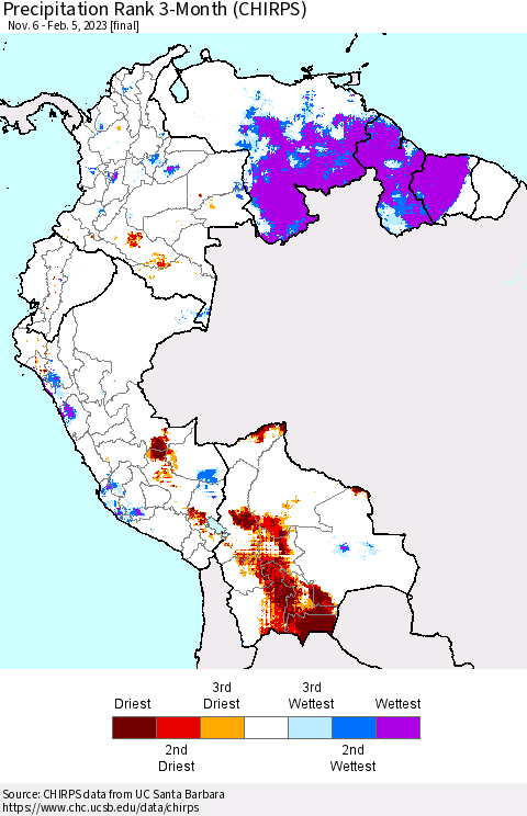 Northern South America Precipitation Rank 3-Month (CHIRPS) Thematic Map For 11/6/2022 - 2/5/2023