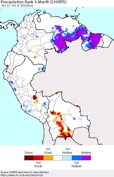 Northern South America Precipitation Rank since 1981, 3-Month (CHIRPS) Thematic Map For 11/11/2022 - 2/10/2023