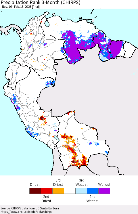 Northern South America Precipitation Rank since 1981, 3-Month (CHIRPS) Thematic Map For 11/16/2022 - 2/15/2023