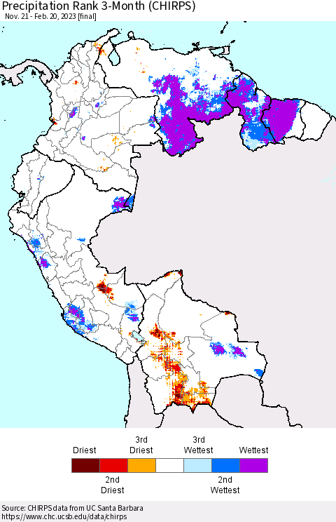 Northern South America Precipitation Rank since 1981, 3-Month (CHIRPS) Thematic Map For 11/21/2022 - 2/20/2023