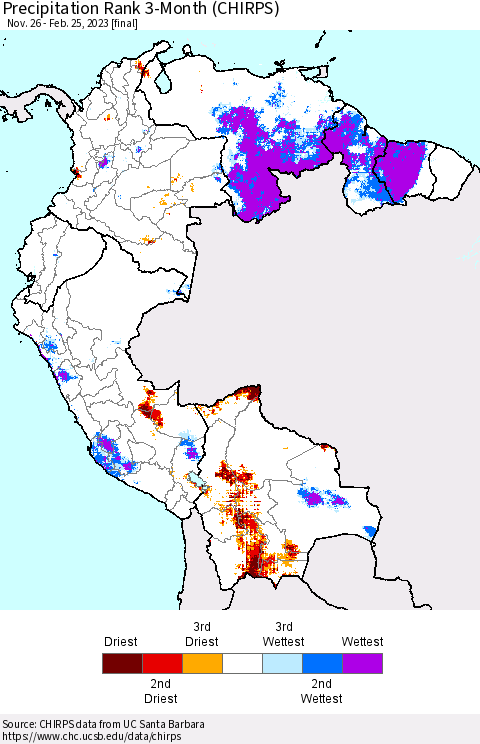 Northern South America Precipitation Rank since 1981, 3-Month (CHIRPS) Thematic Map For 11/26/2022 - 2/25/2023