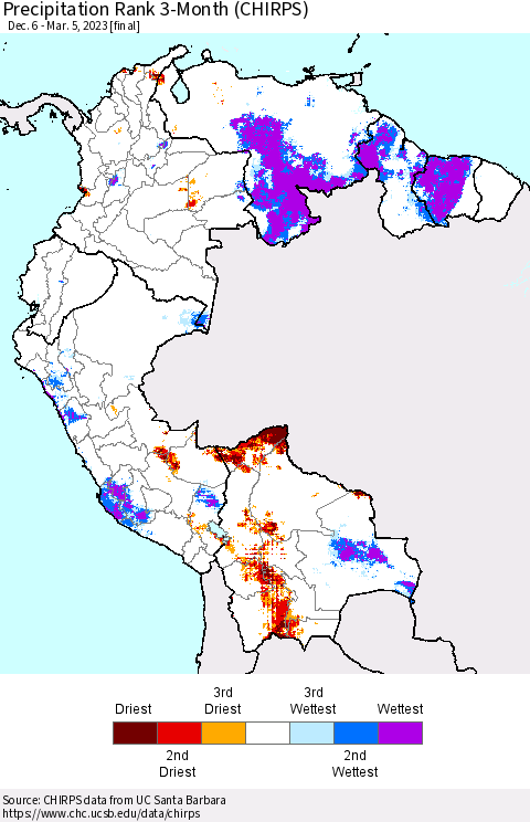 Northern South America Precipitation Rank since 1981, 3-Month (CHIRPS) Thematic Map For 12/6/2022 - 3/5/2023