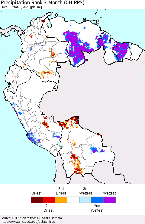 Northern South America Precipitation Rank 3-Month (CHIRPS) Thematic Map For 12/6/2022 - 3/5/2023