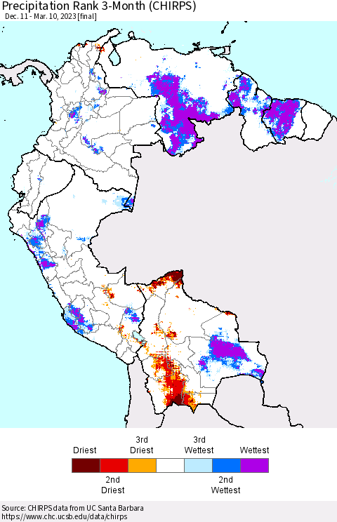 Northern South America Precipitation Rank since 1981, 3-Month (CHIRPS) Thematic Map For 12/11/2022 - 3/10/2023