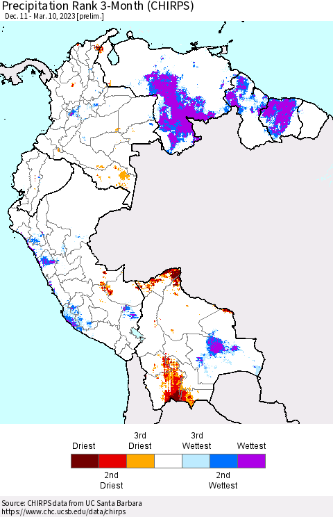 Northern South America Precipitation Rank 3-Month (CHIRPS) Thematic Map For 12/11/2022 - 3/10/2023