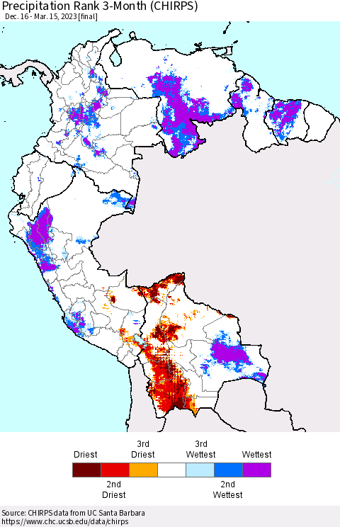 Northern South America Precipitation Rank since 1981, 3-Month (CHIRPS) Thematic Map For 12/16/2022 - 3/15/2023