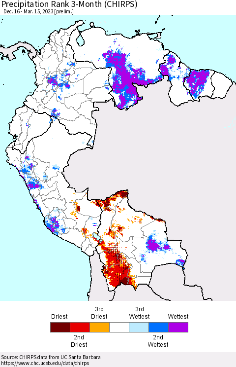 Northern South America Precipitation Rank 3-Month (CHIRPS) Thematic Map For 12/16/2022 - 3/15/2023