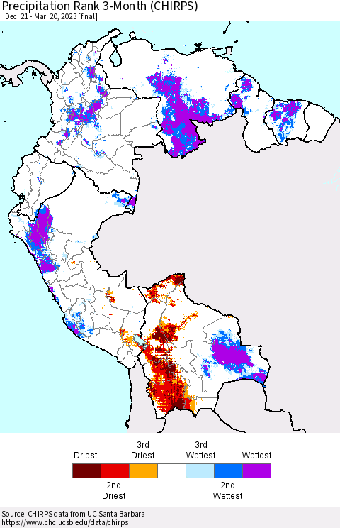 Northern South America Precipitation Rank since 1981, 3-Month (CHIRPS) Thematic Map For 12/21/2022 - 3/20/2023