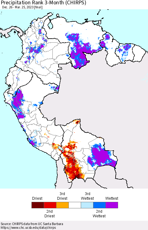 Northern South America Precipitation Rank since 1981, 3-Month (CHIRPS) Thematic Map For 12/26/2022 - 3/25/2023