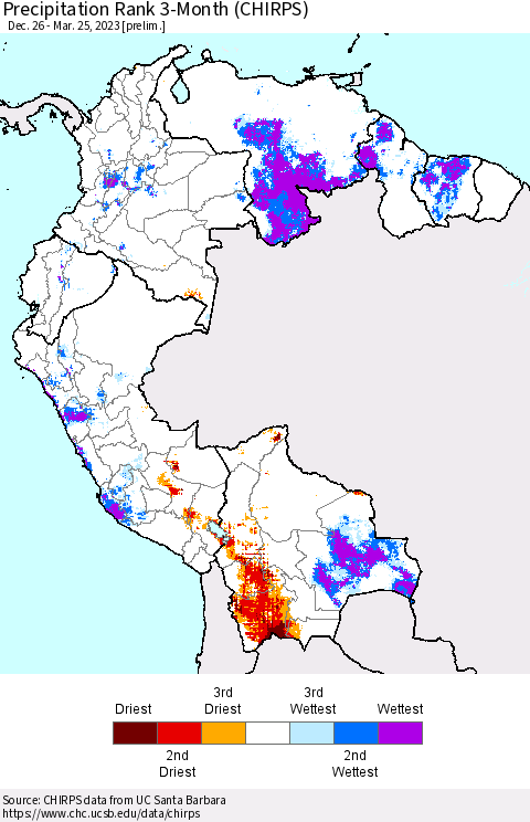 Northern South America Precipitation Rank 3-Month (CHIRPS) Thematic Map For 12/26/2022 - 3/25/2023