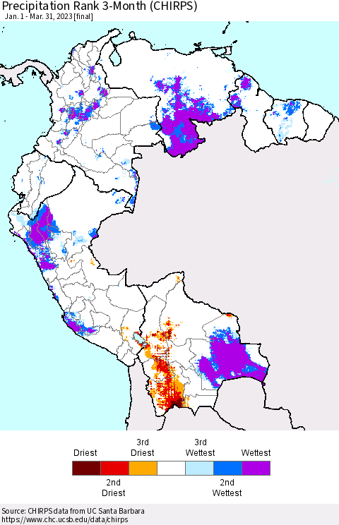 Northern South America Precipitation Rank since 1981, 3-Month (CHIRPS) Thematic Map For 1/1/2023 - 3/31/2023