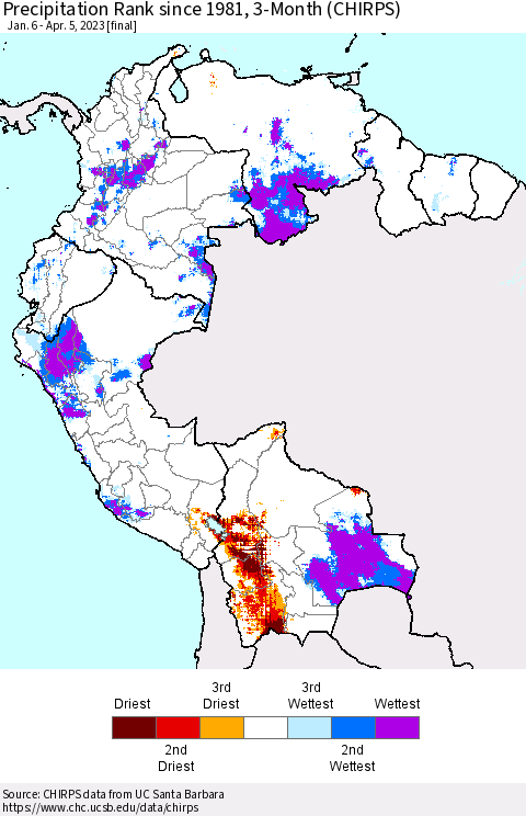 Northern South America Precipitation Rank since 1981, 3-Month (CHIRPS) Thematic Map For 1/6/2023 - 4/5/2023