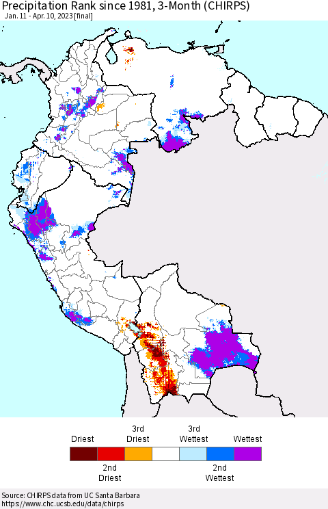 Northern South America Precipitation Rank since 1981, 3-Month (CHIRPS) Thematic Map For 1/11/2023 - 4/10/2023