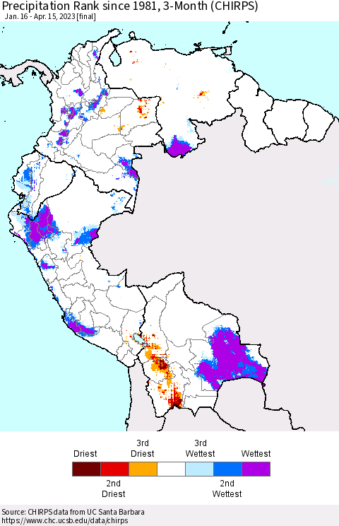 Northern South America Precipitation Rank since 1981, 3-Month (CHIRPS) Thematic Map For 1/16/2023 - 4/15/2023