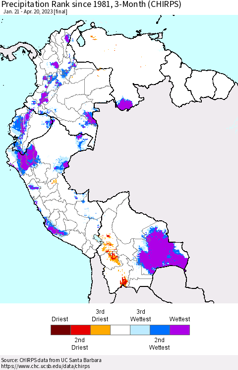Northern South America Precipitation Rank since 1981, 3-Month (CHIRPS) Thematic Map For 1/21/2023 - 4/20/2023