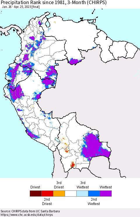 Northern South America Precipitation Rank since 1981, 3-Month (CHIRPS) Thematic Map For 1/26/2023 - 4/25/2023