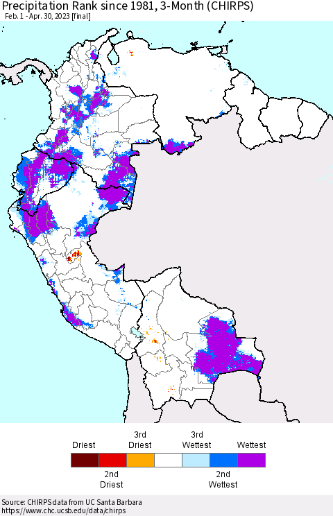 Northern South America Precipitation Rank since 1981, 3-Month (CHIRPS) Thematic Map For 2/1/2023 - 4/30/2023