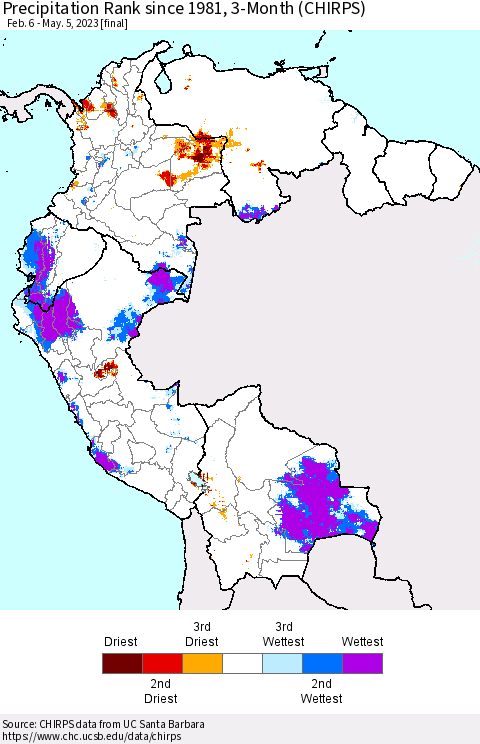 Northern South America Precipitation Rank since 1981, 3-Month (CHIRPS) Thematic Map For 2/6/2023 - 5/5/2023