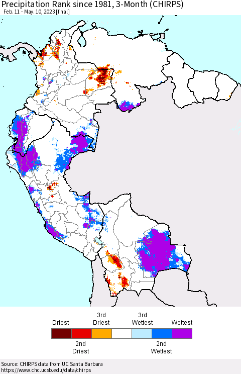 Northern South America Precipitation Rank since 1981, 3-Month (CHIRPS) Thematic Map For 2/11/2023 - 5/10/2023