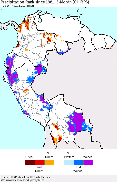 Northern South America Precipitation Rank since 1981, 3-Month (CHIRPS) Thematic Map For 2/16/2023 - 5/15/2023
