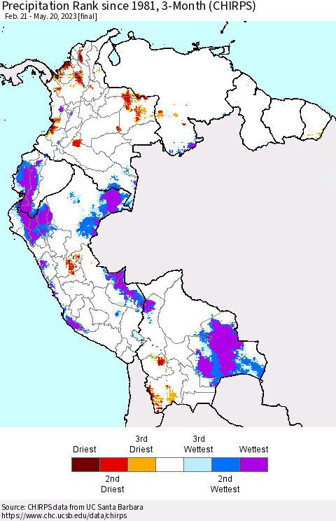 Northern South America Precipitation Rank since 1981, 3-Month (CHIRPS) Thematic Map For 2/21/2023 - 5/20/2023