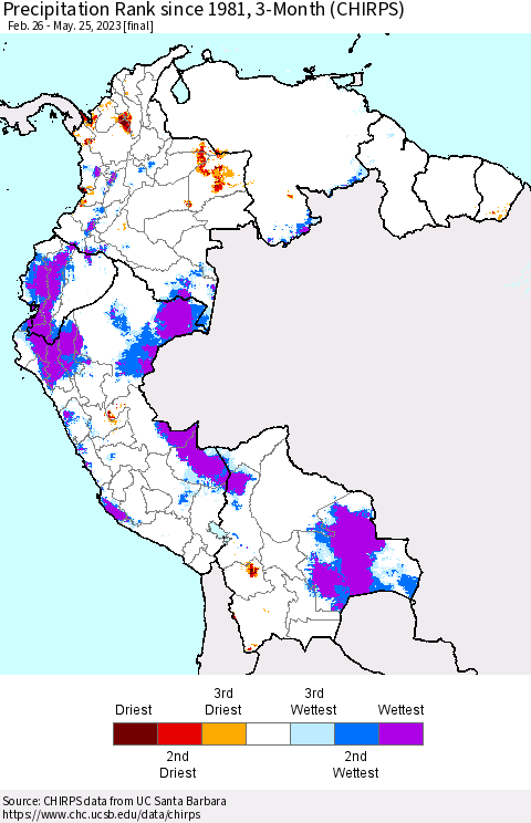 Northern South America Precipitation Rank since 1981, 3-Month (CHIRPS) Thematic Map For 2/26/2023 - 5/25/2023