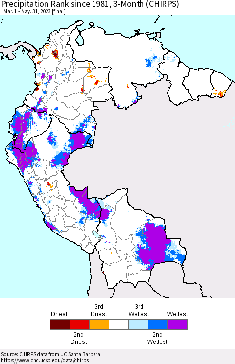Northern South America Precipitation Rank since 1981, 3-Month (CHIRPS) Thematic Map For 3/1/2023 - 5/31/2023