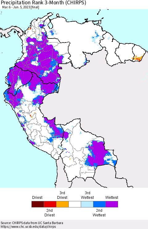 Northern South America Precipitation Rank since 1981, 3-Month (CHIRPS) Thematic Map For 3/6/2023 - 6/5/2023
