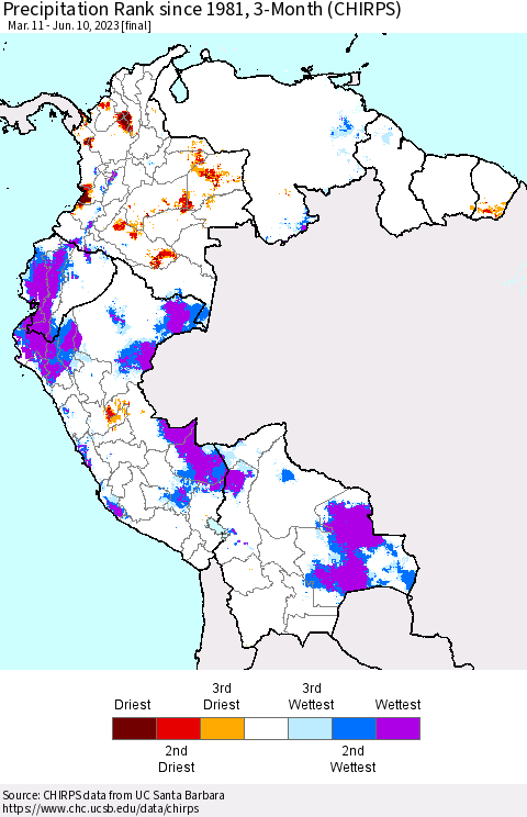 Northern South America Precipitation Rank since 1981, 3-Month (CHIRPS) Thematic Map For 3/11/2023 - 6/10/2023